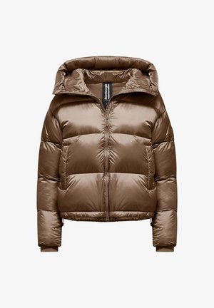 Braune, gepolsterte Daunenjacke mit Reißverschluss und Kapuze. Verfügt über eine glänzende Textur und gerippte Bündchen. Die Nähte erzeugen ein gestepptes Design.