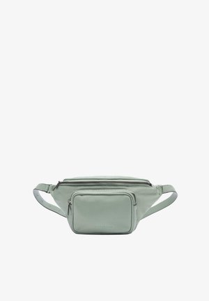 Light green, lightweight fabric belt bag with one main zipper compartment and a smaller front pocket, featuring a smooth texture and minimal hardware.