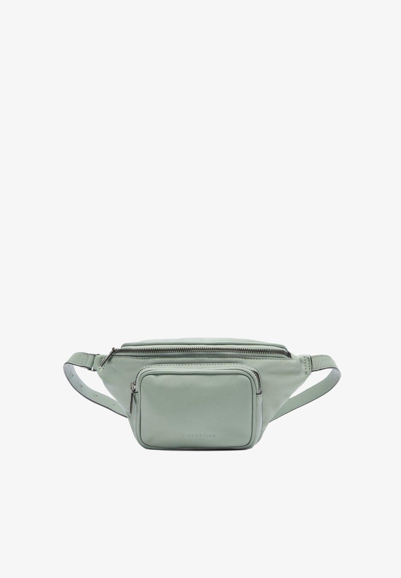 Borsa a cintura leggera di colore verde chiaro in tessuto, con un principale scomparto con zip e una piccola tasca anteriore, caratterizzata da una texture liscia e hardware minimale.