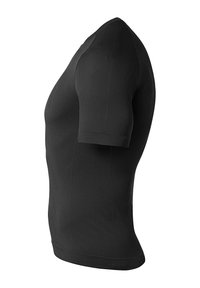 Zwart sportshirt met korte mouwen, gemaakt van gestructureerd, vochtafvoerend materiaal, met een getailleerd ontwerp en naadloze constructie.