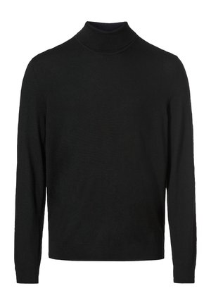 Black turtleneck sweater made from soft fabric, featuring long sleeves and a fitted design, with ribbed neck and hem accents.