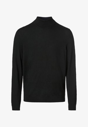 Schwarzer Rollkragenpullover aus weichem Stoff, mit langen Ärmeln und tailliertem Design, sowie gerippten Akzenten am Kragen und Saum.