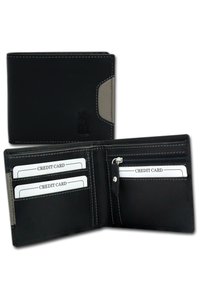 Black leather wallet with beige accents, featuring card slots, zippered compartment, and contrasting stitching. Minimalist design, practical layout.