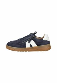 Suede sneakers in navy blue with white accents. Features a lace-up design, side zip, and a rubber sole with a textured finish.