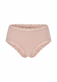 Högmidjade, ljusrosa underkläder med spetsdetaljer på midjebandet och benöppningarna; mjuk, slät tygtextur.