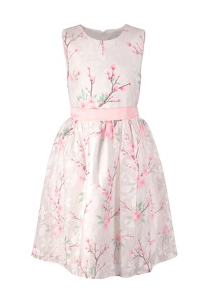 Ärmelloses weißes Kleid mit rosa Blumen- und grünen Blattmustern, tailliertem Oberteil und gerafftem Rock mit rosa Taillenband.