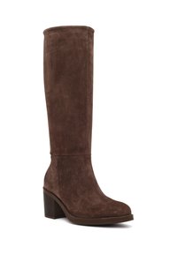 Bruine suede kniehoge laarzen met een ronde neus en blokhak, voorzien van een gladde textuur en strakke lijnen voor een elegante zilouet.