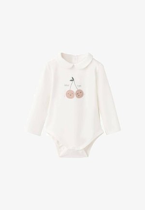 Body bianco a maniche lunghe per neonati con colletto, decorato con ciliegie ricamate e scritta "Great Team!", realizzato in morbido tessuto misto cotone.