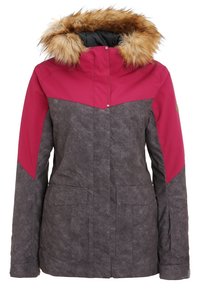Veste d'hiver bicolore pour femme avec corps gris foncé, épaules et manches magenta, poches frontales et capuche doublée de fourrure.