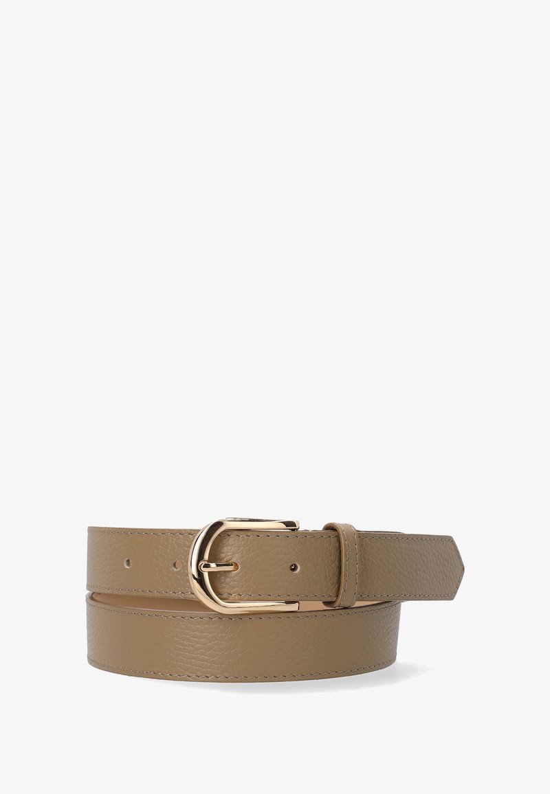 Brown textured leather belt with gold metal buckle, three adjustment holes, and stitched edges, coiled on a white background.