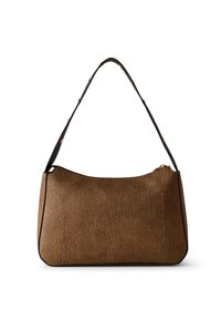 Brown textured handbag with a single black shoulder strap adorned with small gold studs, shown against a white background.