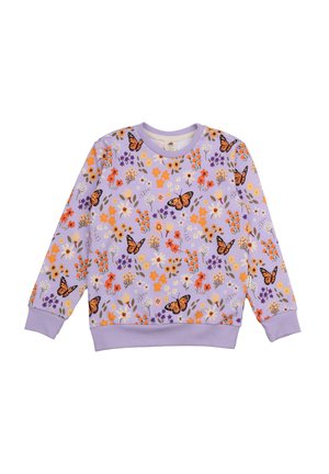 Light purple sweatshirt featuring a floral pattern with orange, yellow, and purple flowers, and butterflies. Ribbed cuffs and neckline.