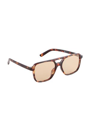 Lunettes de soleil rectangulaires écaille marron avec un double pont et des verres teintés marron clair.