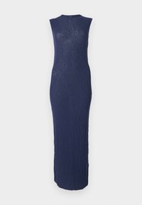 Rochie midi fără mâneci, de culoare albastru marin, dintr-un material texturat, cu o textură în riburi. Siluetă ajustată, cu decolteu rotund și margine la lungimea gleznei.
