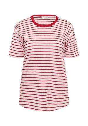 Tricou cu dungi roșii și albe, confecționat din bumbac, cu guler rotund și tiv roșu striat, mâneci scurte și tiv ușor curbat.