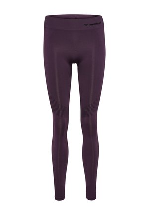 Paarse sportleggings gemaakt van rekbaar materiaal, met een hoge tailleband en subtiele gestructureerde patronen langs de zijkanten.