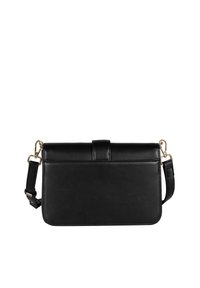 Černá obdélníková kožená crossbody taška s nastavitelným popruhem a zlatými sponami, zobrazená z zadní strany na bílém pozadí.