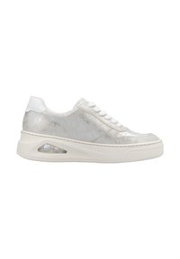 Silver metallic sneaker with a white leather heel, lace-up front, padded tongue, and transparent air sole in a wedge design.