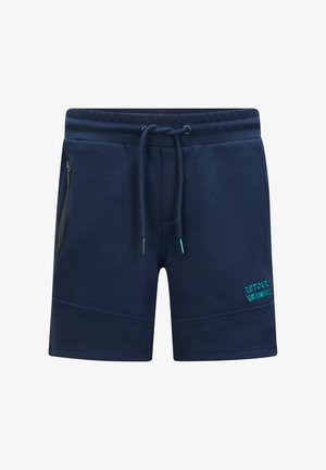 Marineblaue Shorts aus weichem Stoff, mit einem elastischen Taillenbund und Kordelzug, seitlicher Reißverschlusstasche und besticktem "RETOUR PERFORMANCE" Detail.