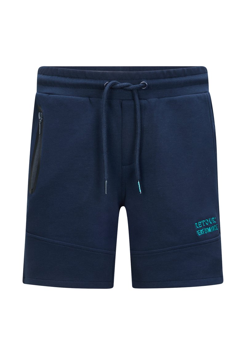 Pantaloni corti blu navy realizzati in tessuto morbido, con vita elastica e cordino regolabile, tasca laterale con zip e dettaglio ricamato "RETOUR PERFORMANCE".