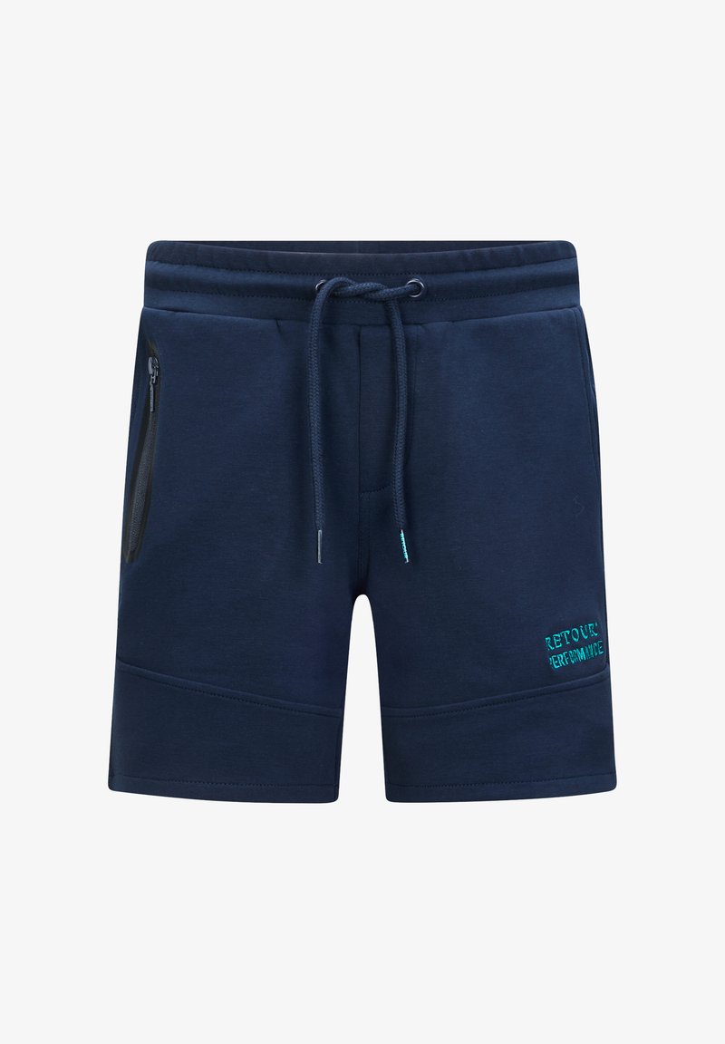 Marineblauwe korte broek van zacht materiaal, met een elastische tailleband met koord, zijzak met rits en geborduurde "RETOUR PERFORMANCE" details.