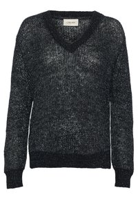 Svart, lätt stickad tröja med V-ringning, långa ärmar och ribbade ärmslut. Det texturerade tyget har en subtil lyster. Märkningen synlig vid halslinningen.