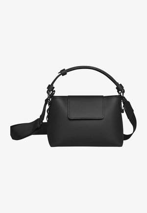 Schwarze Lederhandtasche mit strukturiertem Design, ausgestattet mit einem oberen Griff und einem verstellbaren Gurt, ergänzt durch einen Vorderklappe und minimalistischer Hardware.
