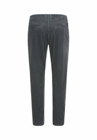 Donkergrijze corduroy broek met een rechte snit, ribbeltextuur, twee achterzakken en een subtiele logopatch op de tailleband.
