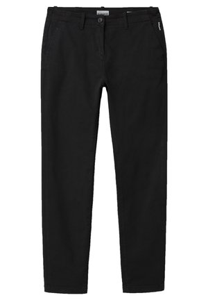Pantalon noir à jambes droites avec passants pour ceinture, fermeture avant par bouton et fermeture éclair, et poches latérales.
