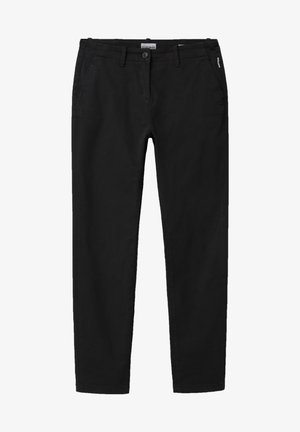 Schwarze Hose mit geradem Bein, Gürtelschlaufen, Knopf- und Reißverschluss vorne sowie Seitentaschen.