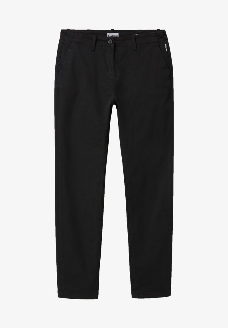 Pantalon noir à jambes droites avec passants pour ceinture, fermeture avant par bouton et fermeture éclair, et poches latérales.