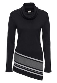 Černý svetr s dlouhým rukávem a rolákovým límcem, zdobený šikmým šedým pruhovým vzorem přes spodní část přední strany. Měkká, texturovaná látka s žebrovanými manžetami.