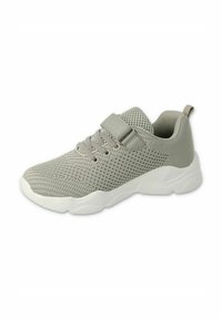Jasnoszary but sportowy z siateczkową cholewką, z zapięciem na sznurówki i rzep, gruba biała gumowa podeszwa. Posiada teksturowany wzór dla lepszej oddychalności.