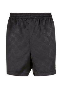 Sorte shorts lavet af et glat, skinnende materiale med et gennemgående tone-i-tone logo mønster, med en elastisk talje og sidekant accenter.