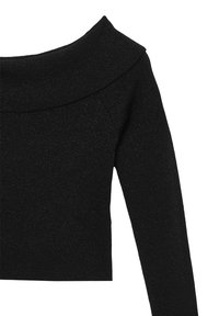 Top nero scollato sulle spalle realizzato in tessuto testurizzato con una leggera lucentezza. Presenta maniche lunghe e un design aderente.