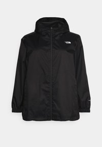 Giacca impermeabile nera con cappuccio, zipper frontale, polsini elasticizzati e logo sul petto. Texture liscia e design leggero.