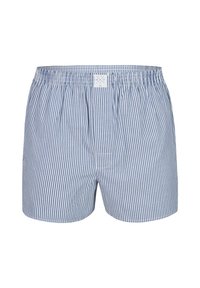Blue and white vertical striped men's boxer shorts with elastic waistband and a small front label.