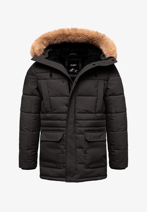 Black padded parka jacket with a faux fur-lined hood, featuring two front pockets, a zip closure, and an adjustable drawstring.