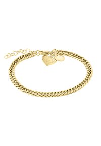 Bracciale in oro con design a maglie tonde, dotato di un charm a forma di cuore geometrico e un piccolo disco decorativo, chiusura con gancio regolabile.