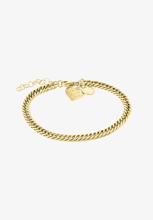 Bracciale in oro con design a maglie tonde, dotato di un charm a forma di cuore geometrico e un piccolo disco decorativo, chiusura con gancio regolabile.