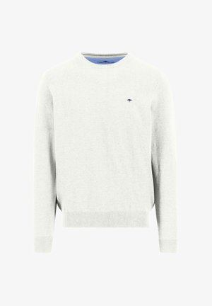 Witte trui met lange mouwen en een ronde hals, voorzien van geribbelde manchetten en zoom, met een klein donker geborduurd logo op de linkerborst.