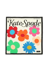 Mehrfarbiger Seidenschal mit großen Blumendesigns in Rot, Pink, Orange, Grün und Blau auf einem cremefarbenen Hintergrund mit schwarzem Rand und Markenlogo.