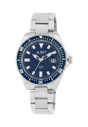 Blue dial watch with silver stainless steel bracelet, quartz movement, 10 ATM water resistance, date display, and luminous hour markers.
