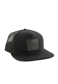 Czarny snapback z usztywnioną konstrukcją, materiałowym przodem, siateczkowym tyłem i teksturowaną naszywką z logo na centralnej części przodu.