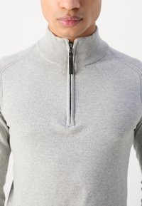 Pull zippé gris clair avec col élevé. Présente des poignets et un col côtelés. Texture douce avec une coupe ajustée, détails de couture minimaux.