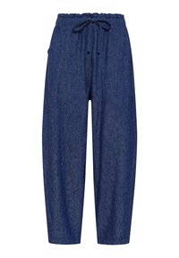 Niebieskie spodnie dżinsowe z elastycznym pasem, przednimi kieszeniami i sznurkiem do wiązania, o prostym kroju nogawek.