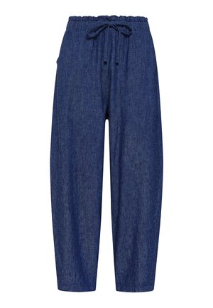 Modré džínové kalhoty s elastickým pasem, předními kapsami a stahovací šňůrkou, rovný střih nohavic.
