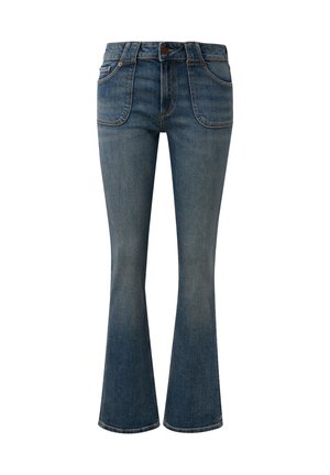 Blaue Jeans mit Schlag und hoher Taille, ausgestattet mit zwei vorderen Taschen, einem Knopfverschluss und dezenten Verwaschungen entlang der Oberschenkel.