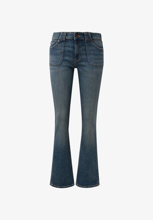 Blaue Jeans mit Schlag und hoher Taille, ausgestattet mit zwei vorderen Taschen, einem Knopfverschluss und dezenten Verwaschungen entlang der Oberschenkel.