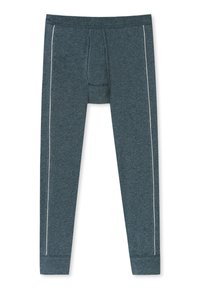 Dunkelblaue Leggings aus einem strukturierten Stoff mit weißen Seitestreifen und einer Fronttasche zur Unterstützung. Glatter Bund und enganliegendes Design.